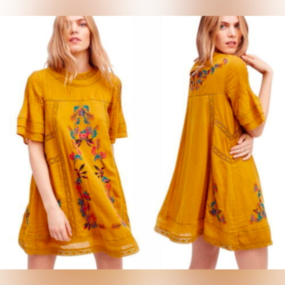 Free People Perfectly Victorian Mustard Cotton Boho Dress, Floral Embroider